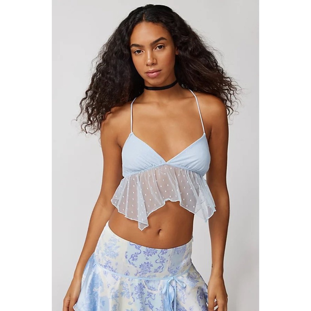 Urban Outfitters Light Blue Mesh Polka Dot Ruffle Bralette Crop Top Small